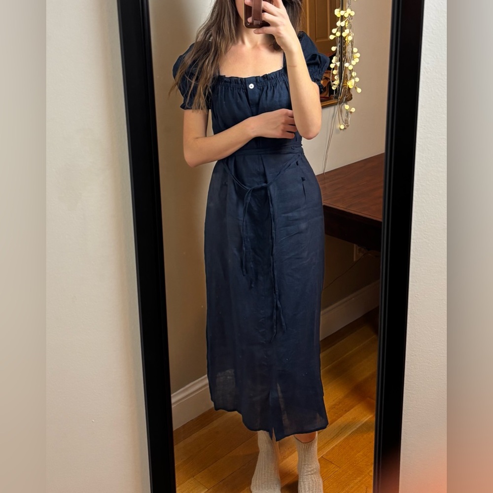 Sleeper Midnight Blue Marquise Corset Linen Midi Dress Navy Square neck